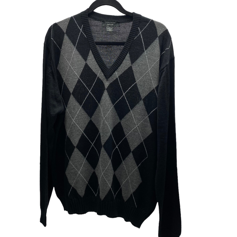 Toscano Italy Men's Merino Wool Blend V Neck Argyle Black Size Large